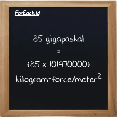How to convert gigapascal to kilogram-force/meter<sup>2</sup>: 85 gigapascal (GPa) is equivalent to 85 times 101970000 kilogram-force/meter<sup>2</sup> (kgf/m<sup>2</sup>)